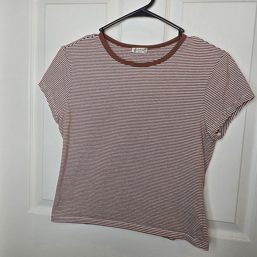 Intimately Free People Brown Striped Ringer Baby Tee Size Large Y2K COQUETTE